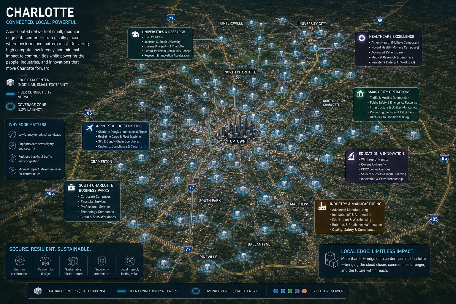 Map of Charlotte and Mecklenburg County showing a proposed distributed network of small, modular edge data centers linked by a fiber connectivity network, with low-latency coverage zones serving universities, healthcare, the airport and logistics hub, business parks, industry, and smart-city operations.
