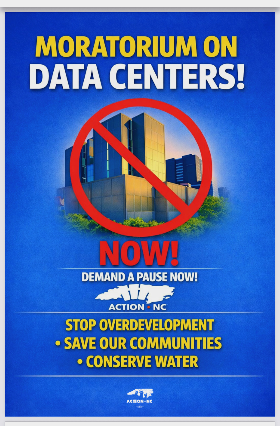 Action NC graphic calling for a moratorium on new data centers in Charlotte and Fayetteville.